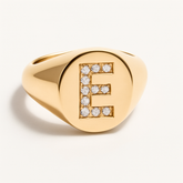 "E" 9ct yellow gold diamond set initial E signet ring